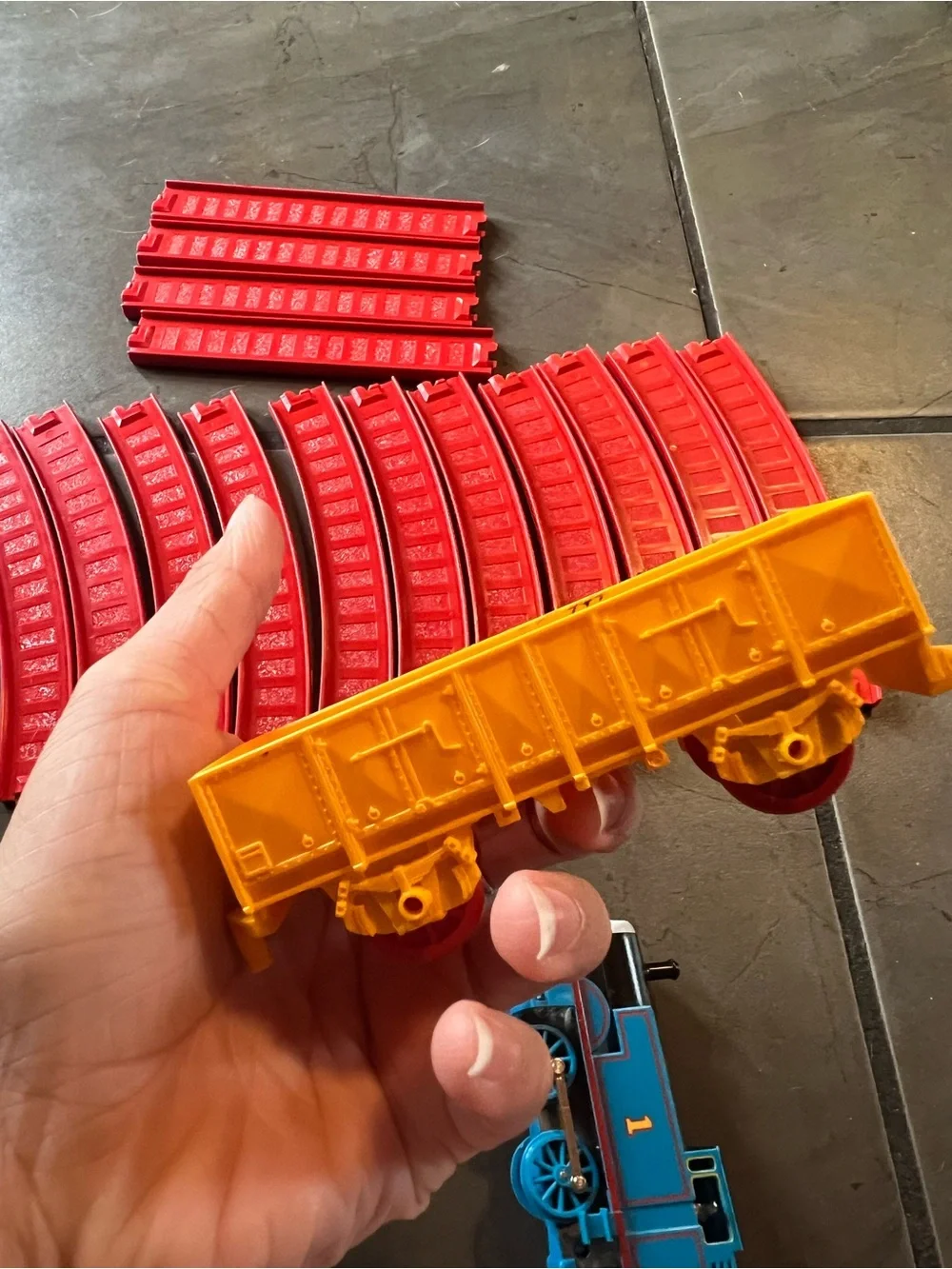 Thomas & Friends Blue Engine with Red Track Sections and Yellow Cart